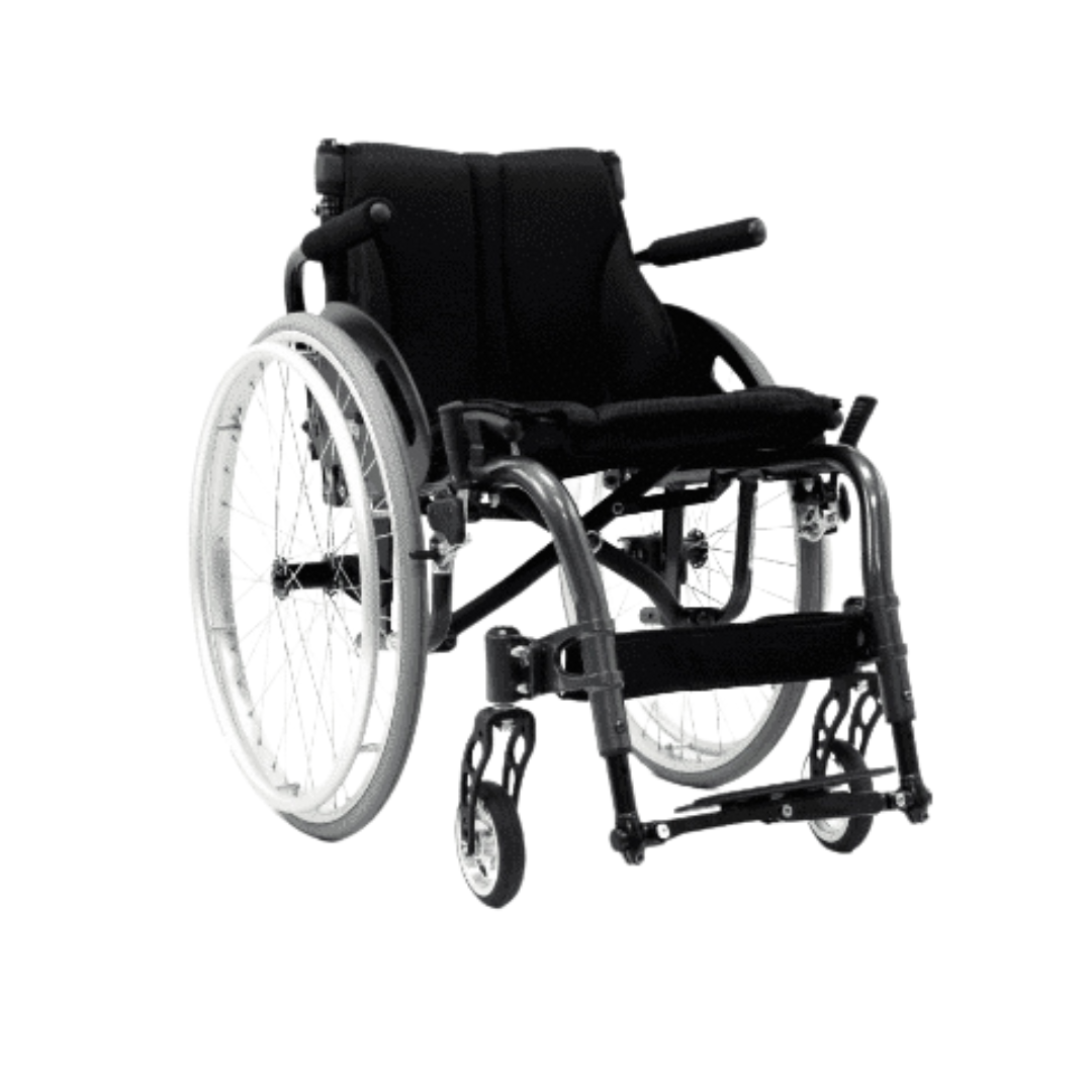 The Karman S-Ergo ATX Active Wheelchair, weighing only 26 lbs, offers a strong strength-to-weight ratio with large rear wheels, small front wheels, cushioned armrests, an ergonomic design featuring flat footrests, and a thick seat cushion for optimal comfort in black and gray.